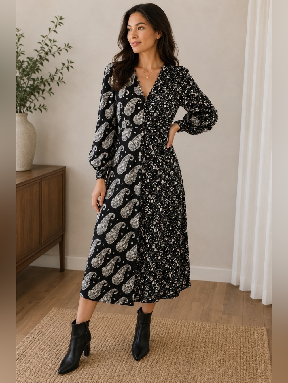 Ted Baker Black & White Mixed Paisley Midi Dress Size 2 Boho Designer Occasion